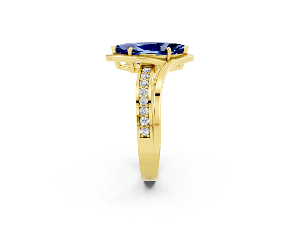 Yellow gold Marquise Cut Blue Sapphire Solitaire Ring with Split Shank and Prong Setting