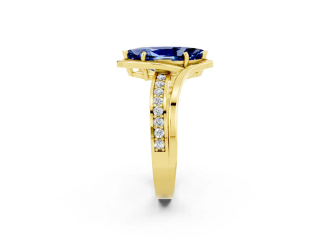 Yellow gold Marquise Cut Blue Sapphire Solitaire Ring with Split Shank and Prong Setting_2