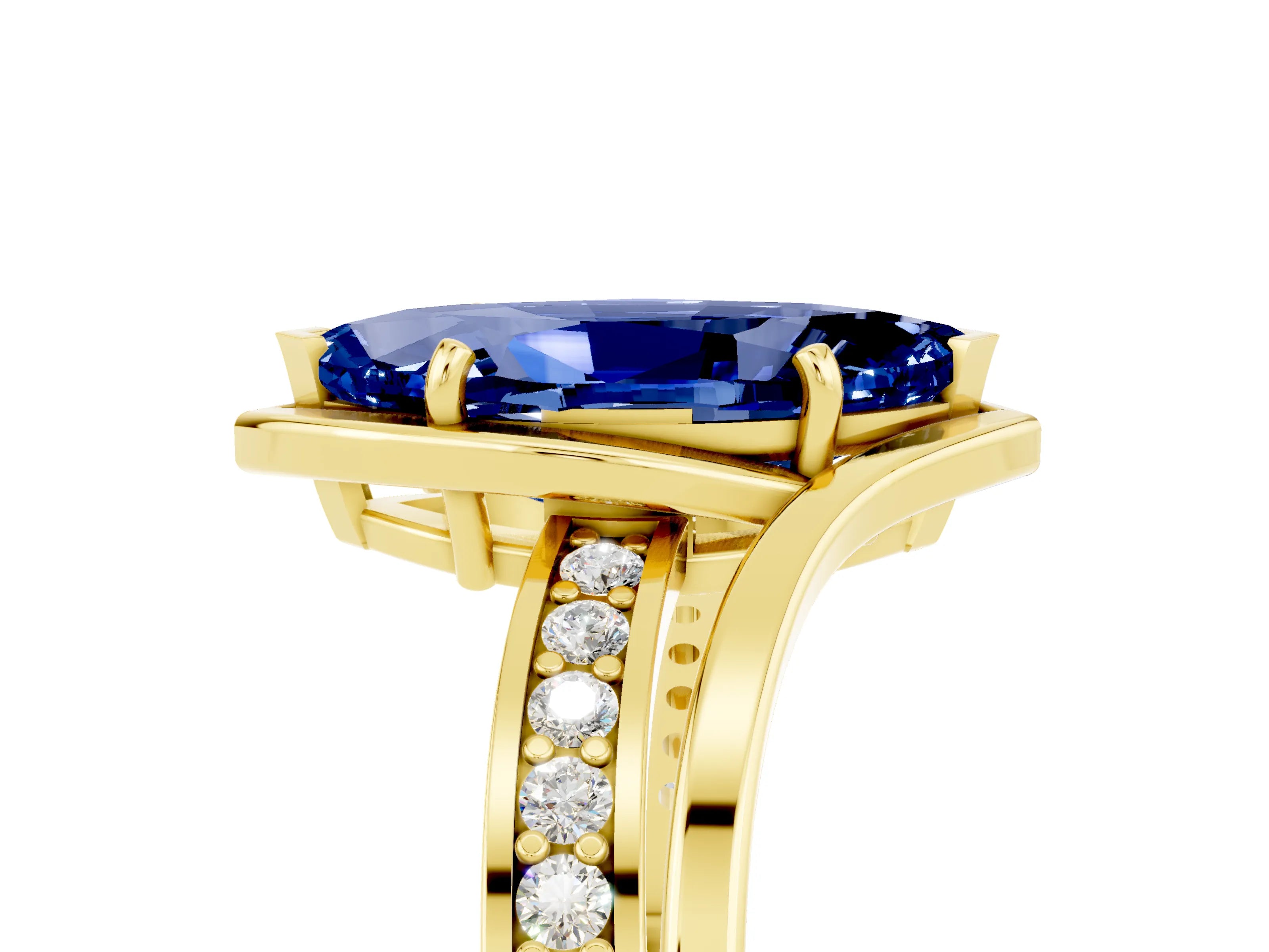 Yellow gold Marquise Cut Blue Sapphire Solitaire Ring with Split Shank and Prong Setting_5