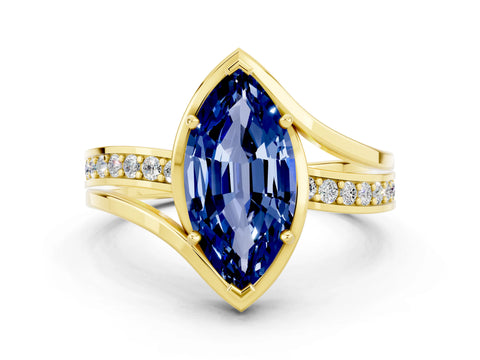 Yellow gold Marquise Cut Blue Sapphire Solitaire Ring with Split Shank and Prong Setting