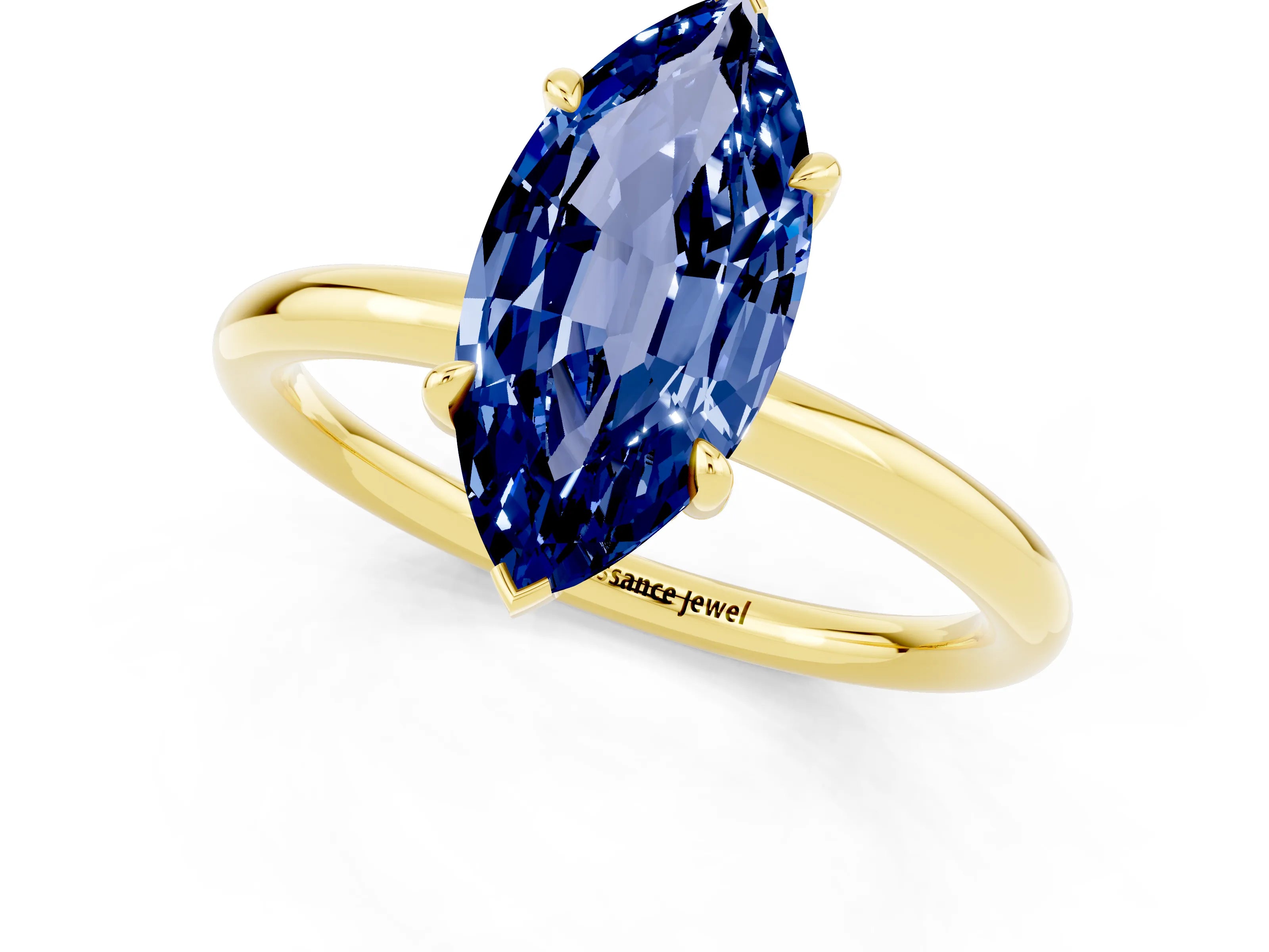 Yellow gold Marquise Cut Blue Sapphire Solitaire Ring with Thin Band and Four-Prong Setting_13