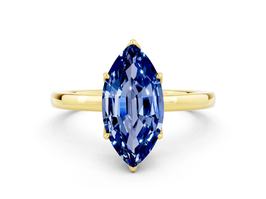 Yellow gold Marquise Cut Blue Sapphire Solitaire Ring with Thin Band and Prong Setting_24