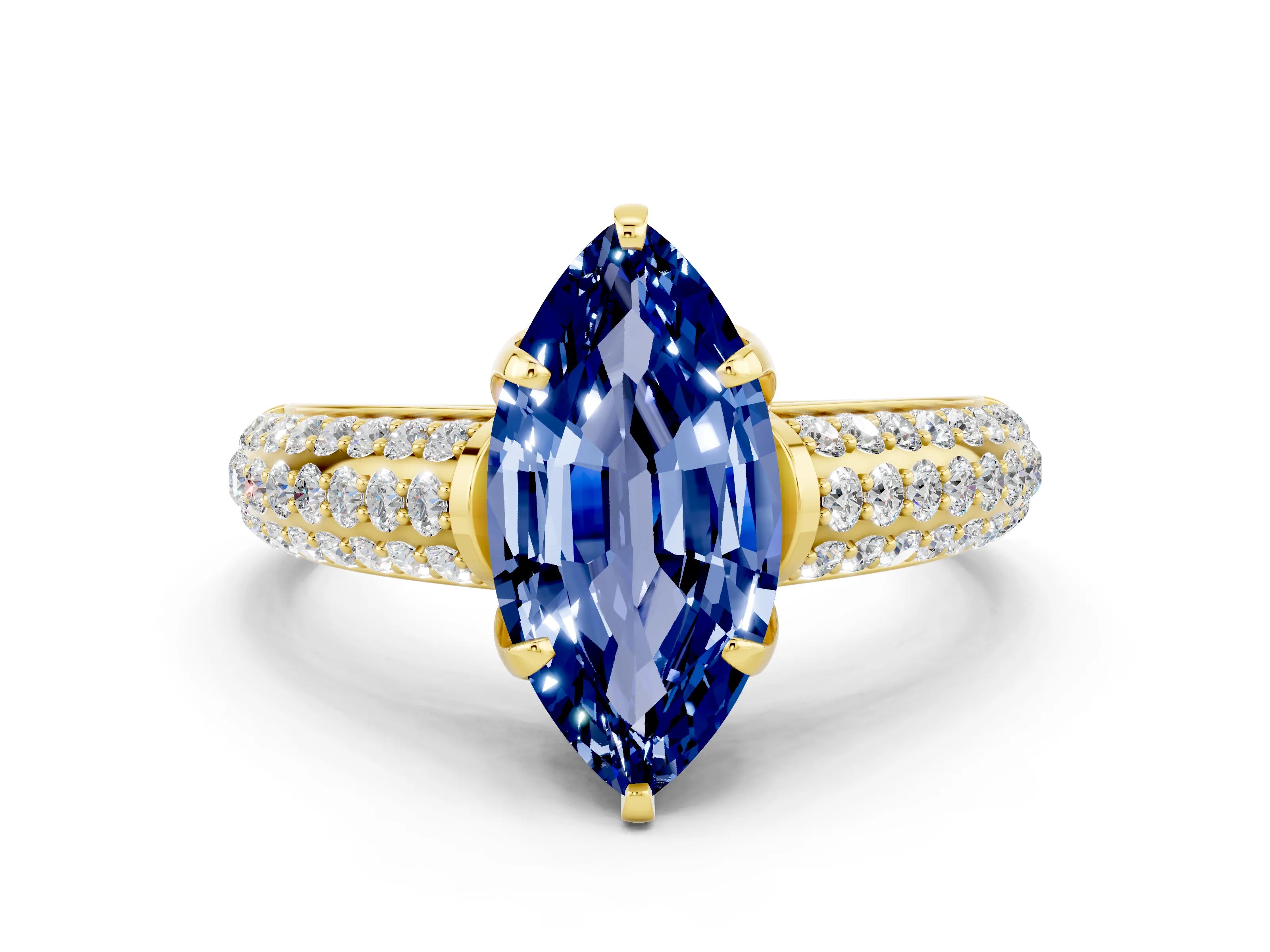 Yellow gold Marquise Cut Blue Sapphire Solitaire Ring with Three-Row Pavé Band and Four-Prong Setting_12