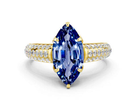 Yellow gold Marquise Cut Blue Sapphire Solitaire Ring with Three-Row Pavé Band and Four-Prong Setting_12