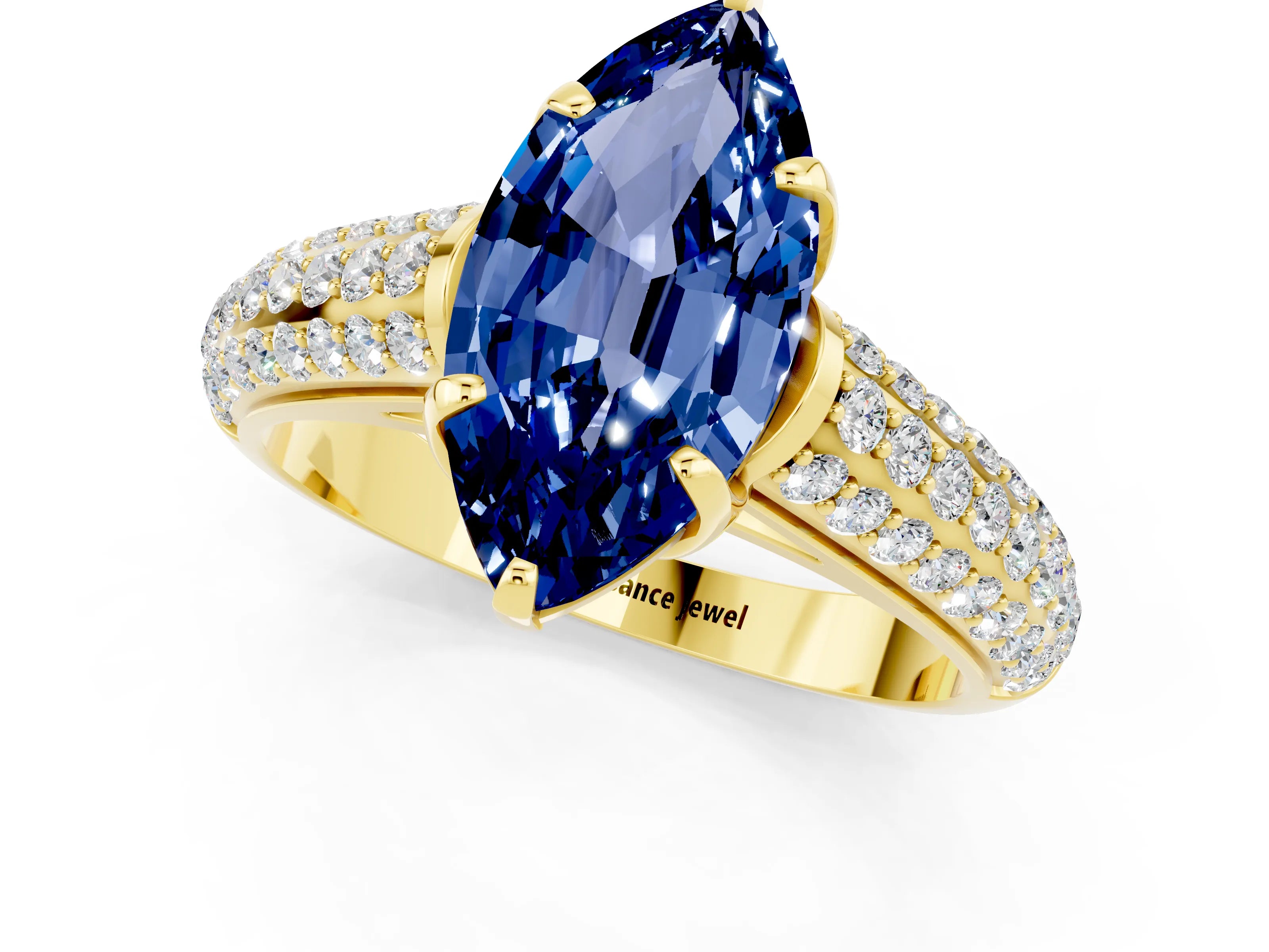 Yellow gold Marquise Cut Blue Sapphire Solitaire Ring with Three-Row Pavé Band and Four-Prong Setting_13