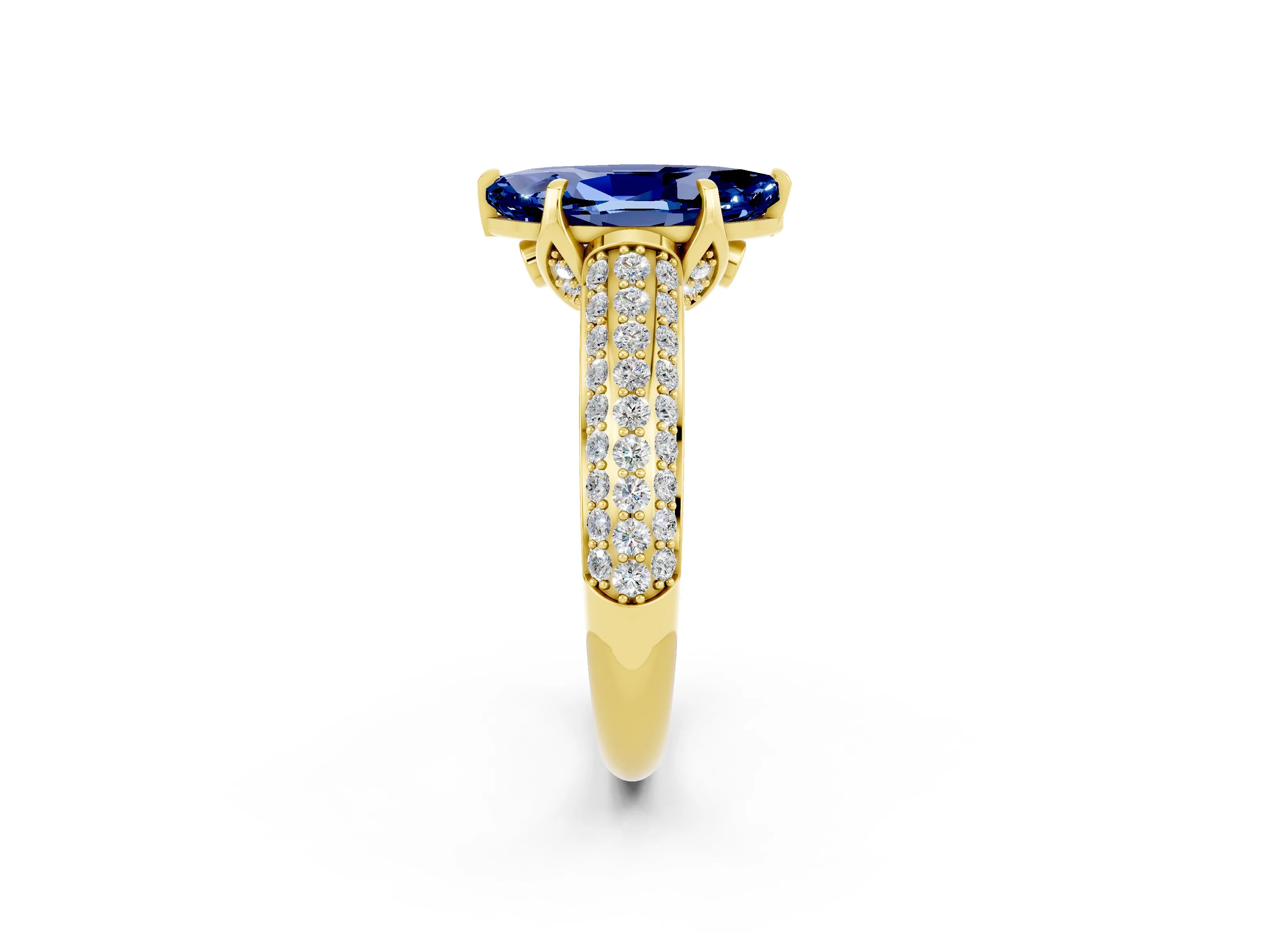 Yellow gold Marquise Cut Blue Sapphire Solitaire Ring with Three-Row Pavé Band and Four-Prong Setting_14
