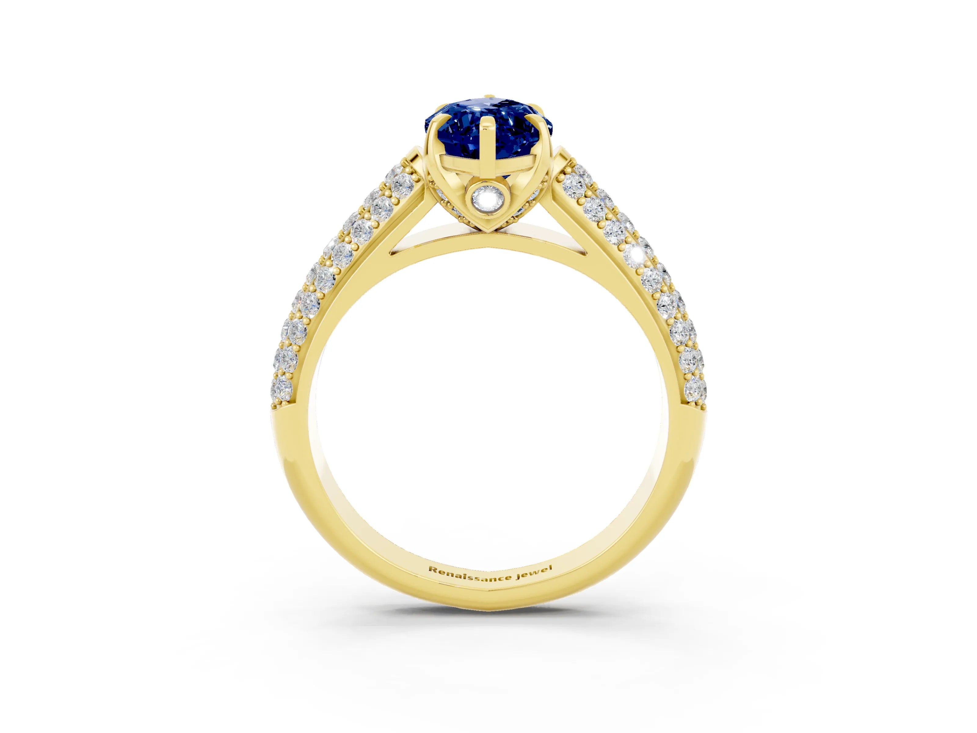 Yellow gold Marquise Cut Blue Sapphire Solitaire Ring with Three-Row Pavé Band and Four-Prong Setting_15