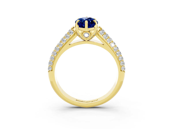 Yellow gold Marquise Cut Blue Sapphire Solitaire Ring with Three-Row Pavé Band and Four-Prong Setting