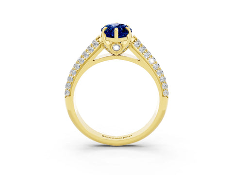 Yellow gold Marquise Cut Blue Sapphire Solitaire Ring with Three-Row Pavé Band and Four-Prong Setting_15