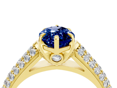 Yellow gold Marquise Cut Blue Sapphire Solitaire Ring with Three-Row Pavé Band and Four-Prong Setting_16