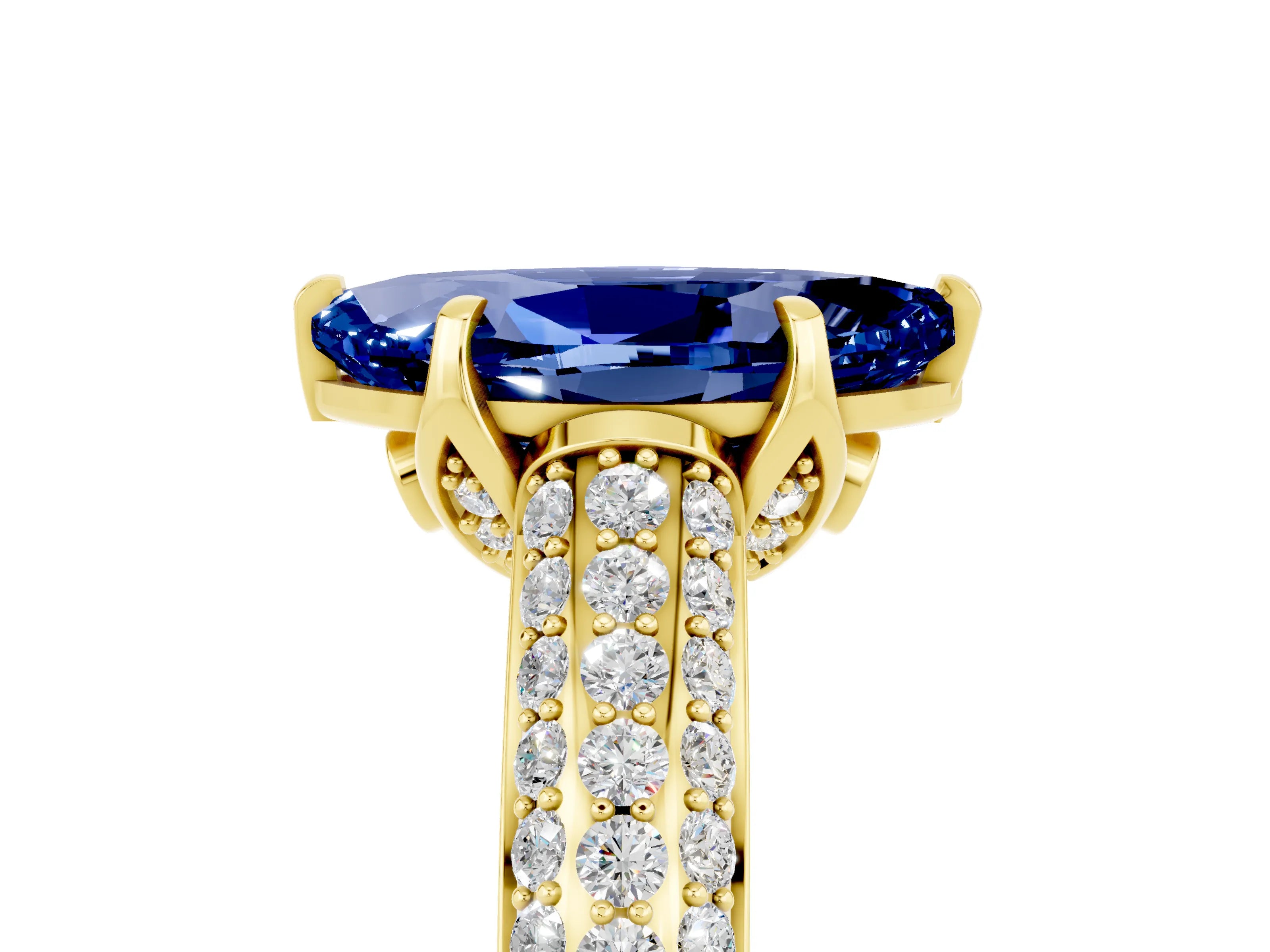 Yellow gold Marquise Cut Blue Sapphire Solitaire Ring with Three-Row Pavé Band and Four-Prong Setting_17