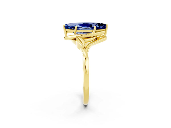 Yellow gold Marquise Cut Blue Sapphire Solitaire Ring with Twist Band and Four-Prong Setting