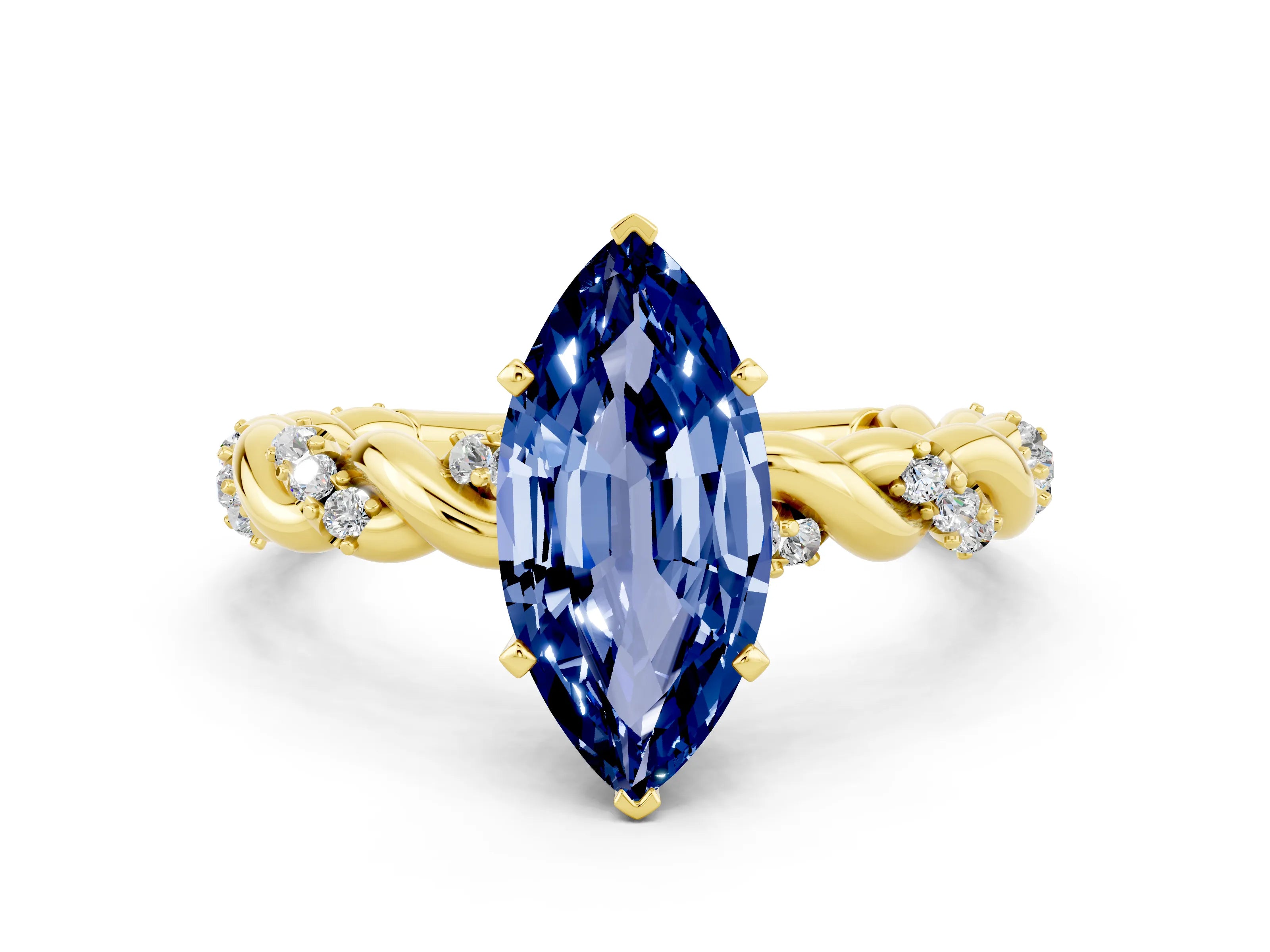 Yellow gold Marquise Cut Blue Sapphire Solitaire Ring with Twisted Band and Pavé Accents