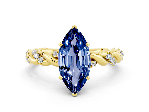 Yellow gold Marquise Cut Blue Sapphire Solitaire Ring with Twisted Band and Pavé Accents