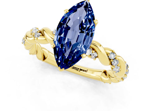 Yellow gold Marquise Cut Blue Sapphire Solitaire Ring with Twisted Band and Pavé Accents_1