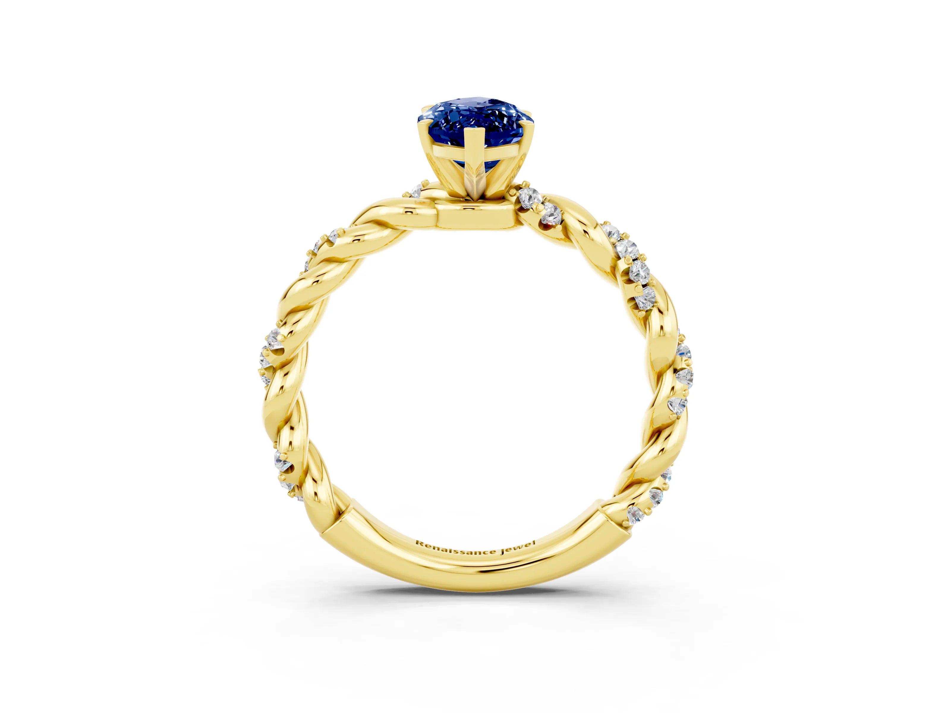 Yellow gold Marquise Cut Blue Sapphire Solitaire Ring with Twisted Band and Pavé Accents_3