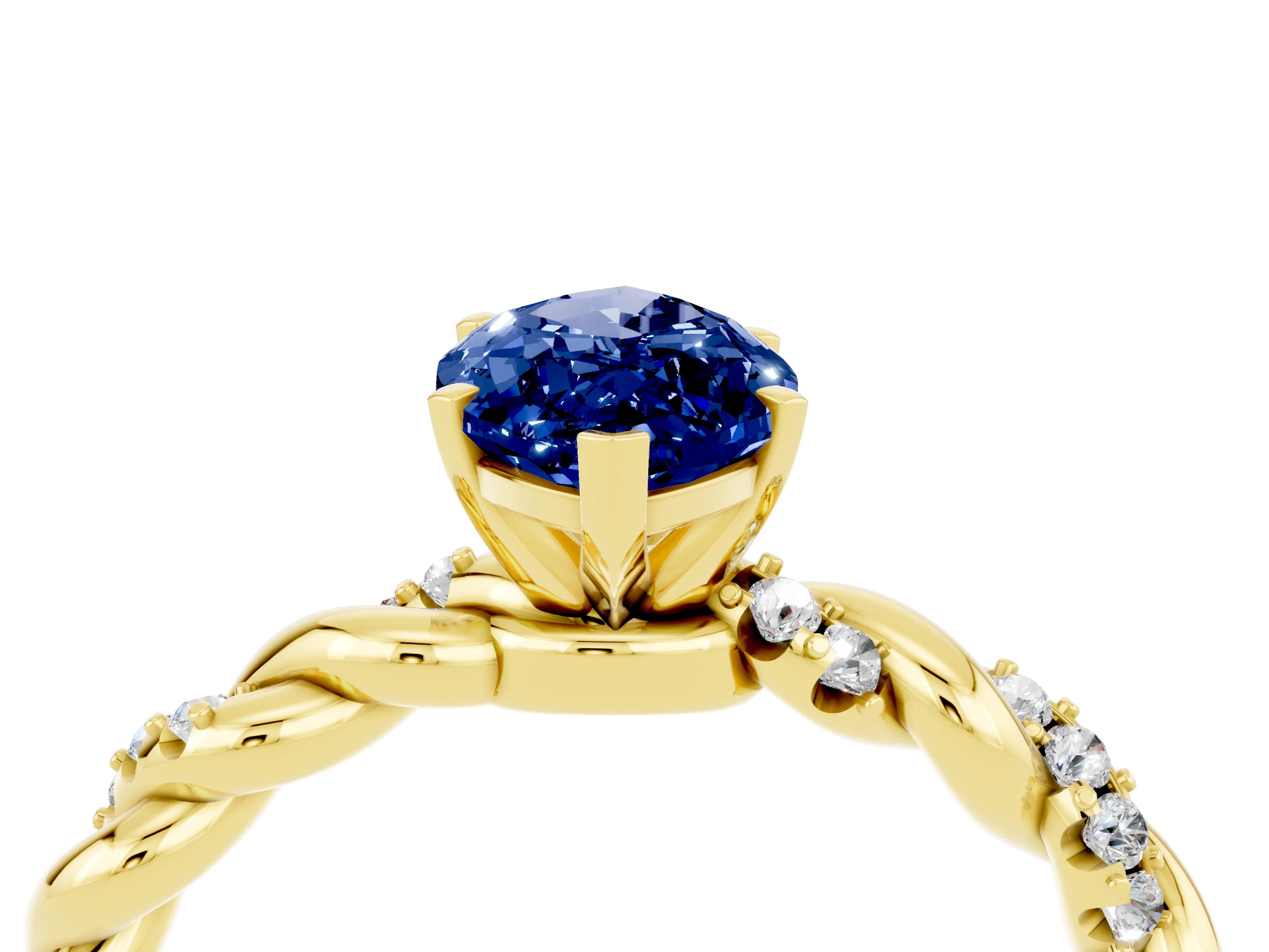 Yellow gold Marquise Cut Blue Sapphire Solitaire Ring with Twisted Band and Pavé Accents_4