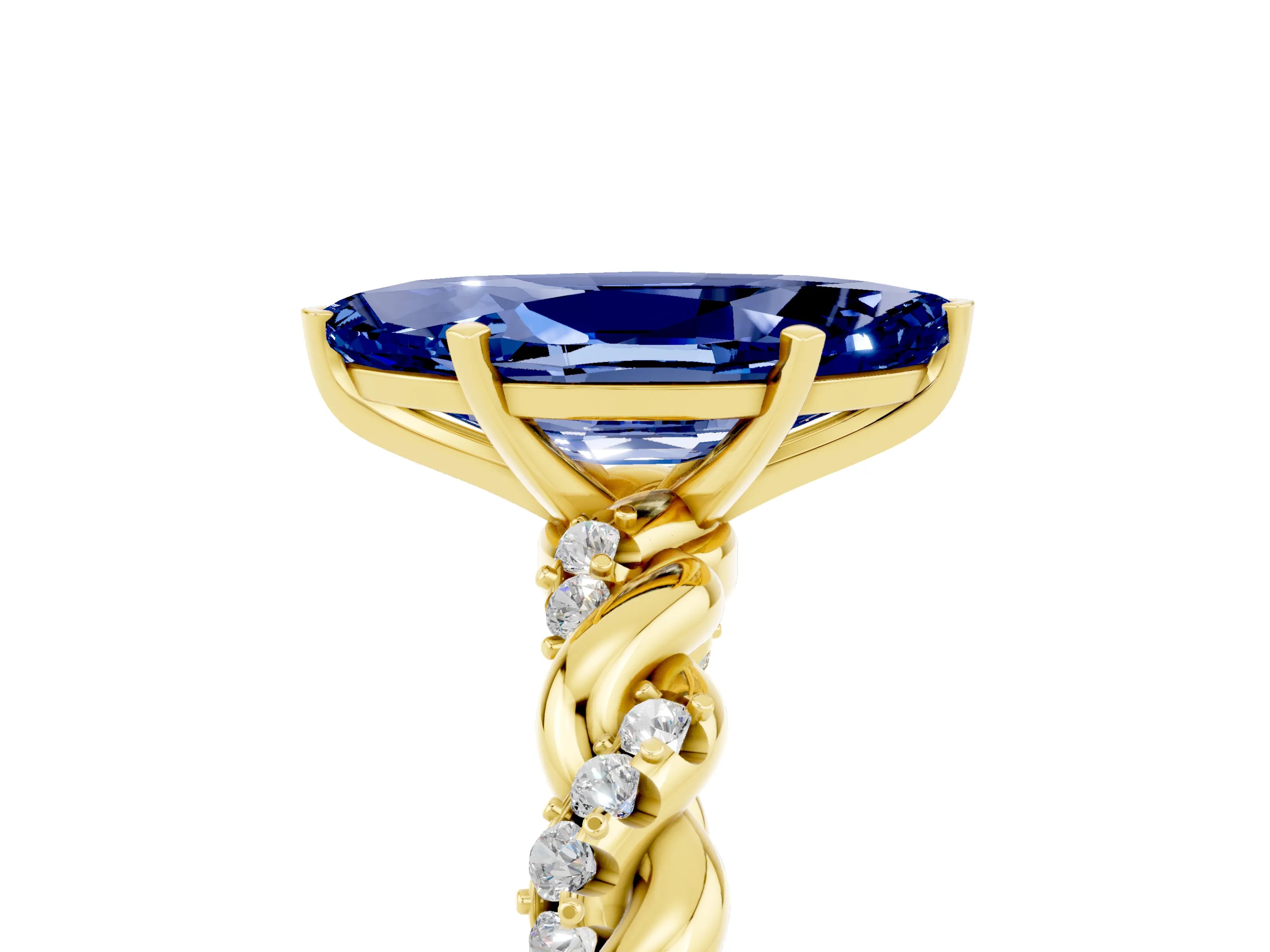 Yellow gold Marquise Cut Blue Sapphire Solitaire Ring with Twisted Band and Pavé Accents_5