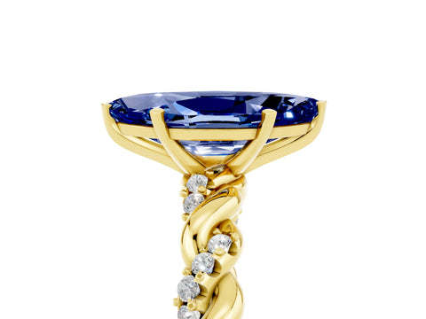 Yellow gold Marquise Cut Blue Sapphire Solitaire Ring with Twisted Band and Pavé Accents_5