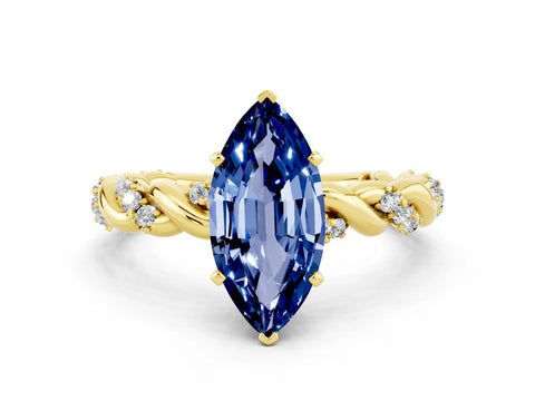 Yellow gold Marquise Cut Blue Sapphire Solitaire Ring with Twisted Band and Pavé Accents