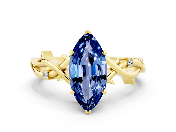 Yellow gold Marquise Cut Blue Sapphire Solitaire Ring with Twisted Band and Prong Setting