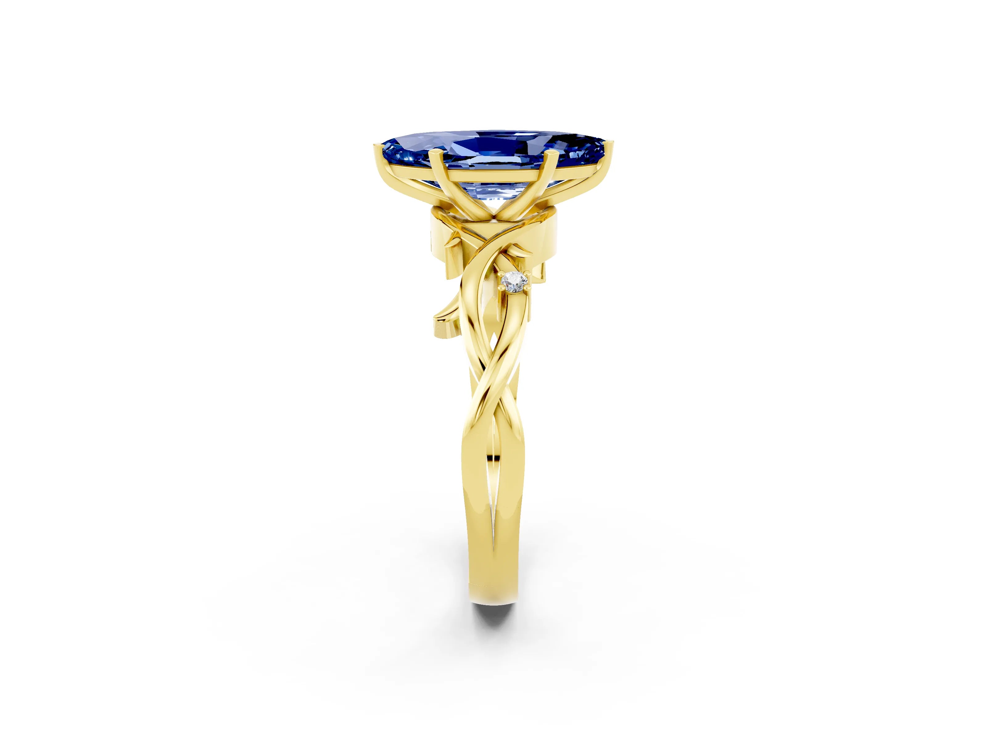 Yellow gold Marquise Cut Blue Sapphire Solitaire Ring with Twisted Band and Prong Setting_2