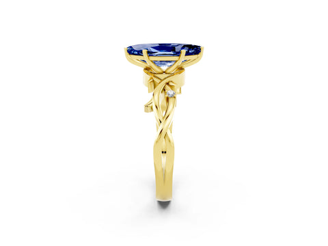 Yellow gold Marquise Cut Blue Sapphire Solitaire Ring with Twisted Band and Prong Setting_2
