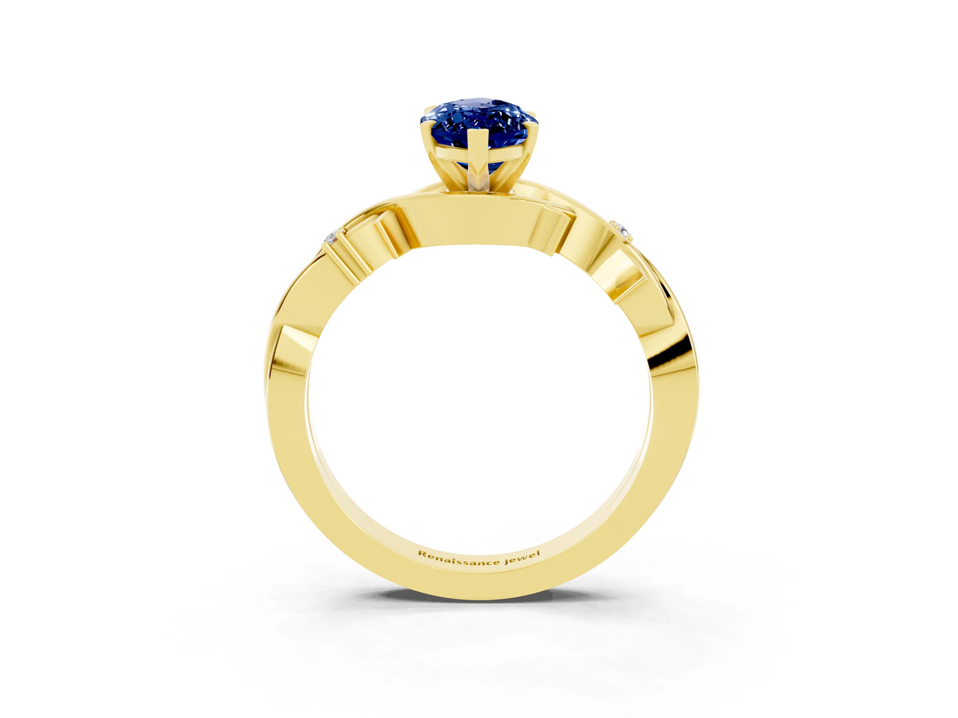 Yellow gold Marquise Cut Blue Sapphire Solitaire Ring with Twisted Band and Prong Setting_3