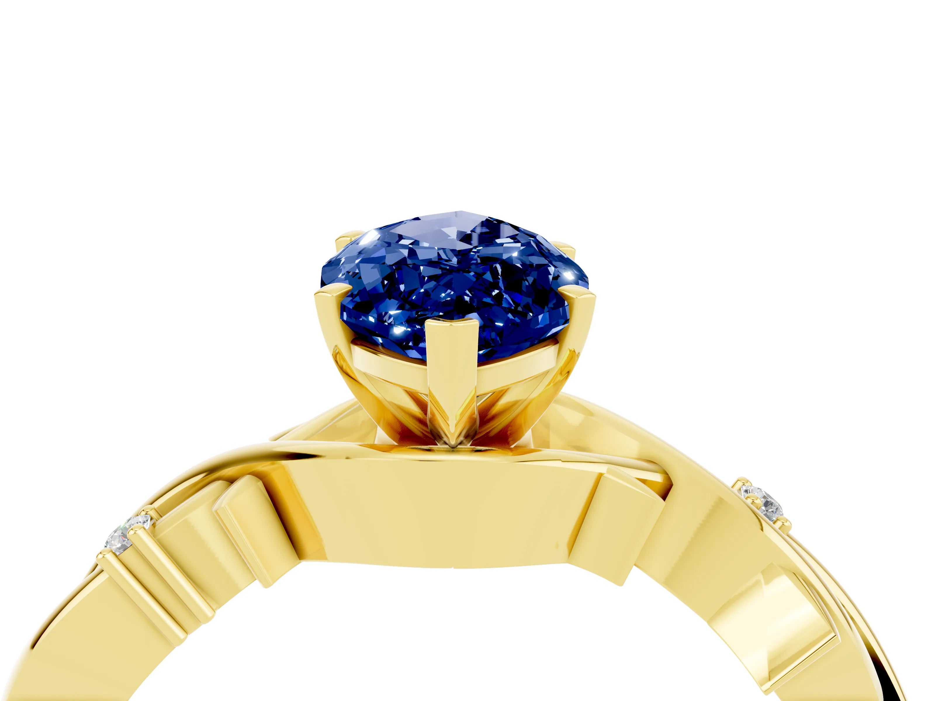 Yellow gold Marquise Cut Blue Sapphire Solitaire Ring with Twisted Band and Prong Setting_4