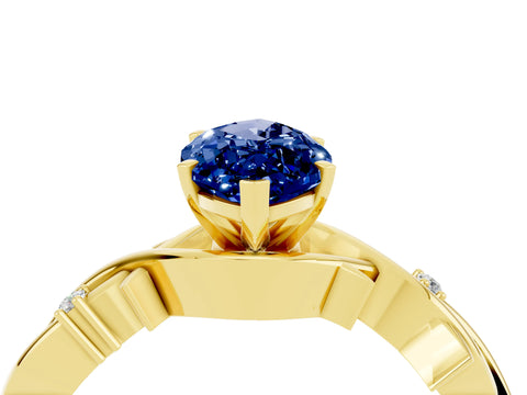 Yellow gold Marquise Cut Blue Sapphire Solitaire Ring with Twisted Band and Prong Setting_4