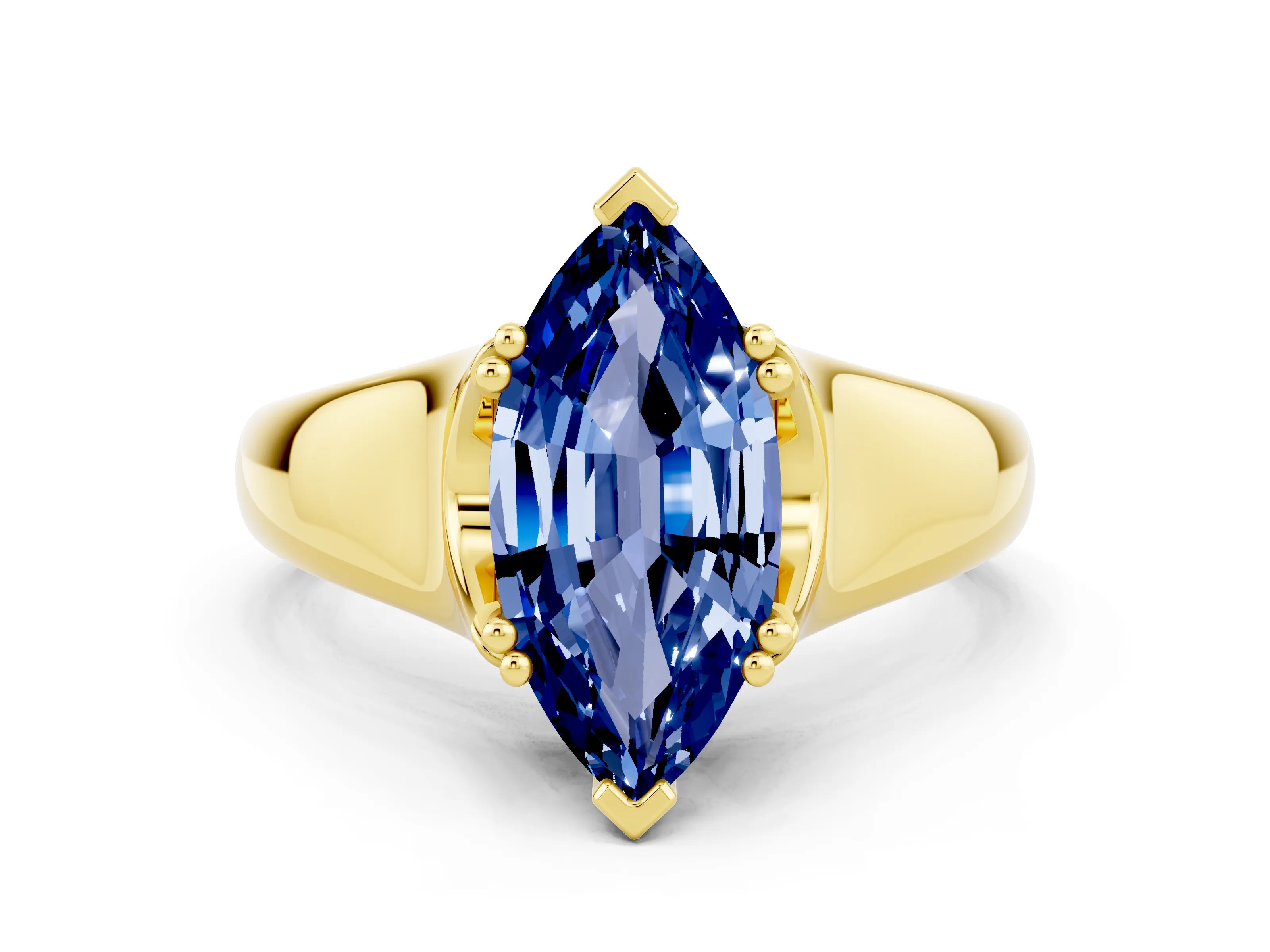 Yellow gold Marquise Cut Blue Sapphire Solitaire Ring with Wide Band and Prong Setting