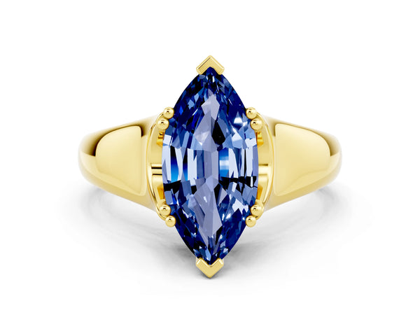 Yellow gold Marquise Cut Blue Sapphire Solitaire Ring with Wide Band and Prong Setting
