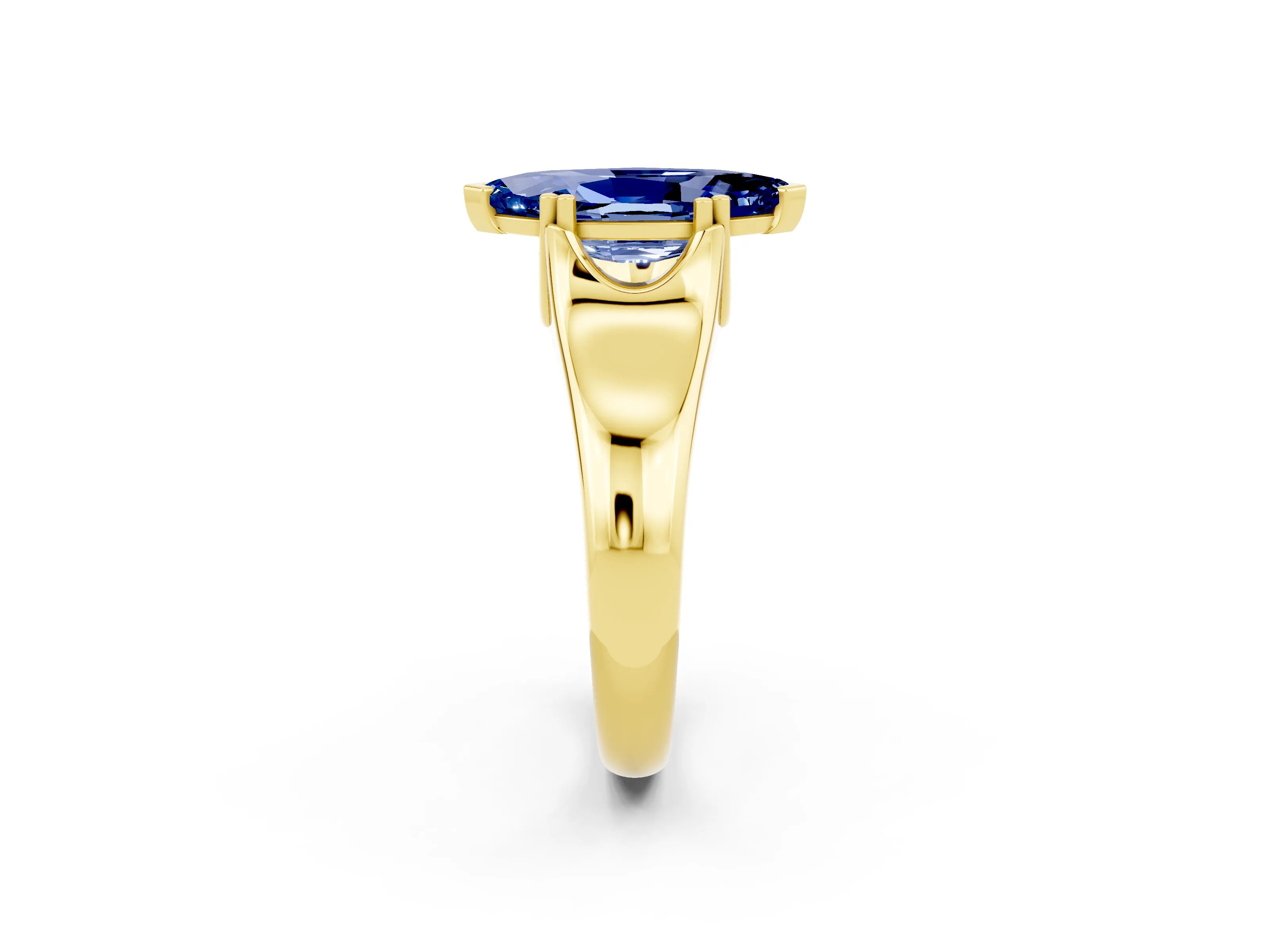 Yellow gold Marquise Cut Blue Sapphire Solitaire Ring with Wide Band and Prong Setting_2