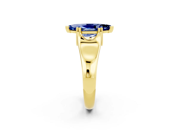 Yellow gold Marquise Cut Blue Sapphire Solitaire Ring with Wide Band and Prong Setting