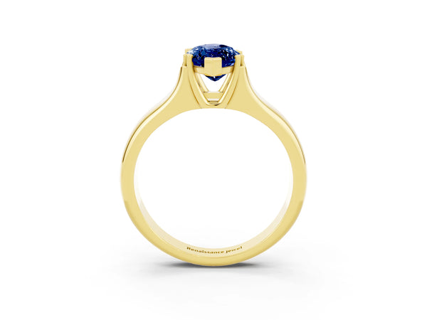 Yellow gold Marquise Cut Blue Sapphire Solitaire Ring with Wide Band and Prong Setting