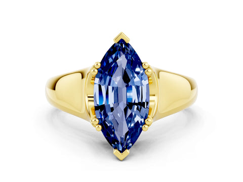 Yellow gold Marquise Cut Blue Sapphire Solitaire Ring with Wide Band and Prong Setting