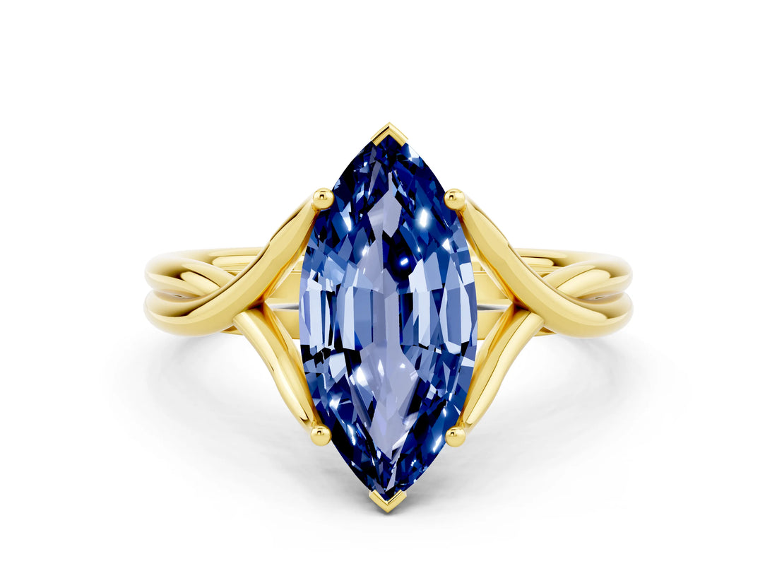 Yellow gold Marquise Cut Blue Sapphire Solitaire Twist Band Prong Setting Ring_48