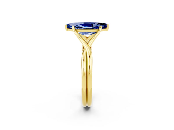 Yellow gold Marquise Cut Blue Sapphire Solitaire Twist Band Prong Setting Ring