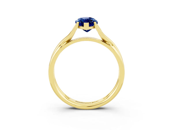 Yellow gold Marquise Cut Blue Sapphire Solitaire Twist Band Prong Setting Ring