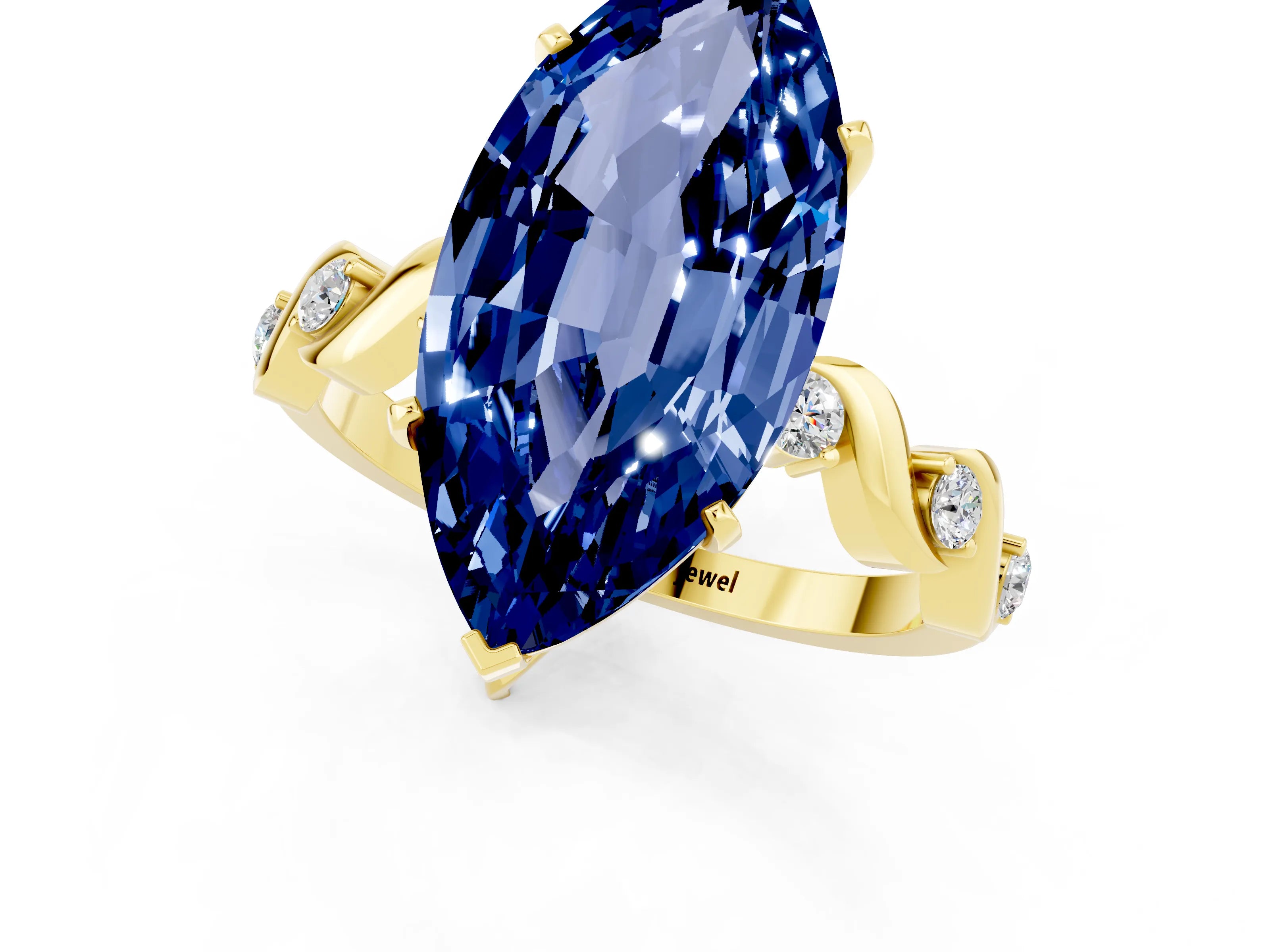 Yellow gold Marquise Cut Blue Sapphire Solitaire Twisted Band with Round  Accents and Prong Setting_13