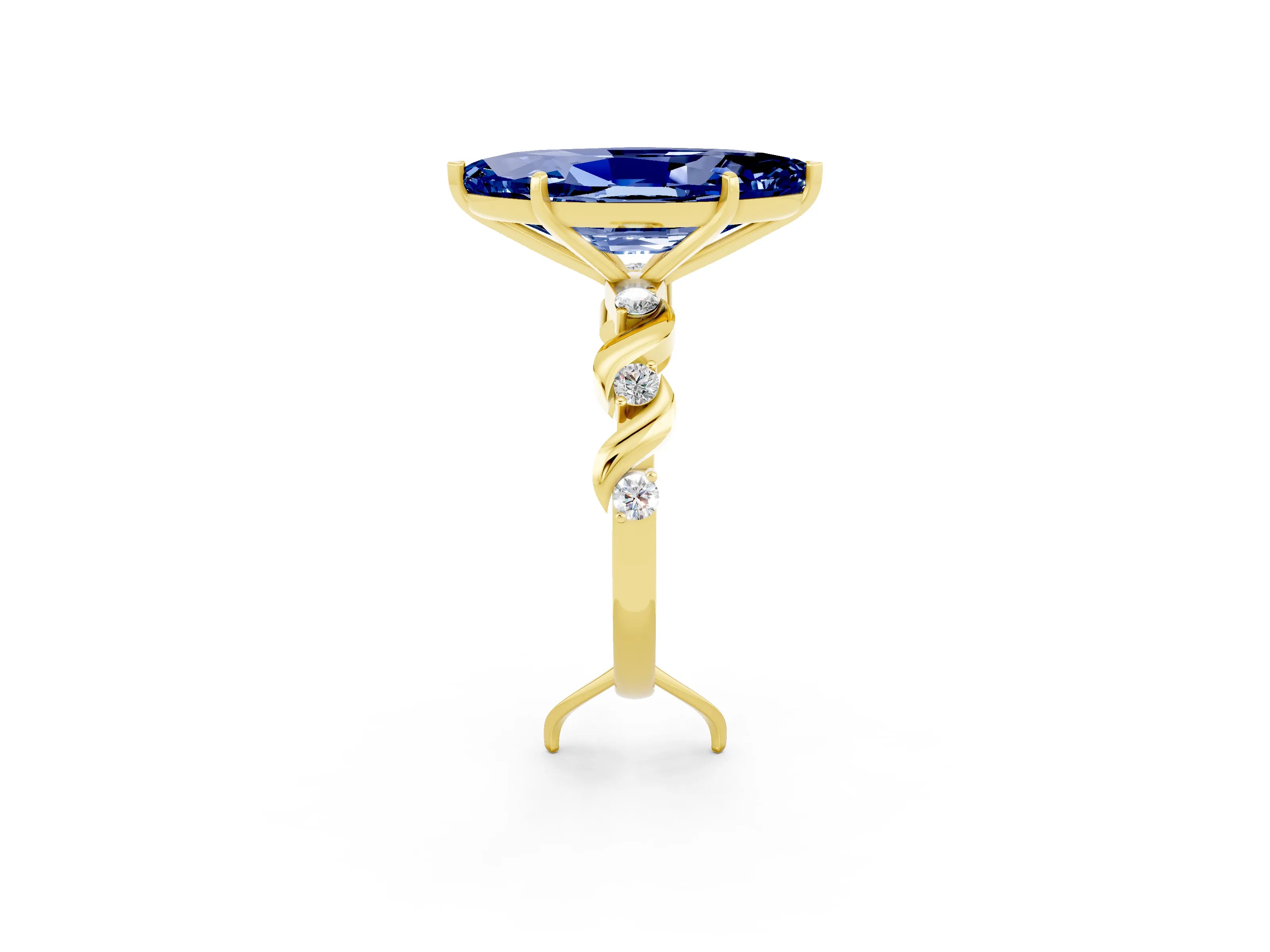 Yellow gold Marquise Cut Blue Sapphire Solitaire Twisted Band with Round  Accents and Prong Setting_14