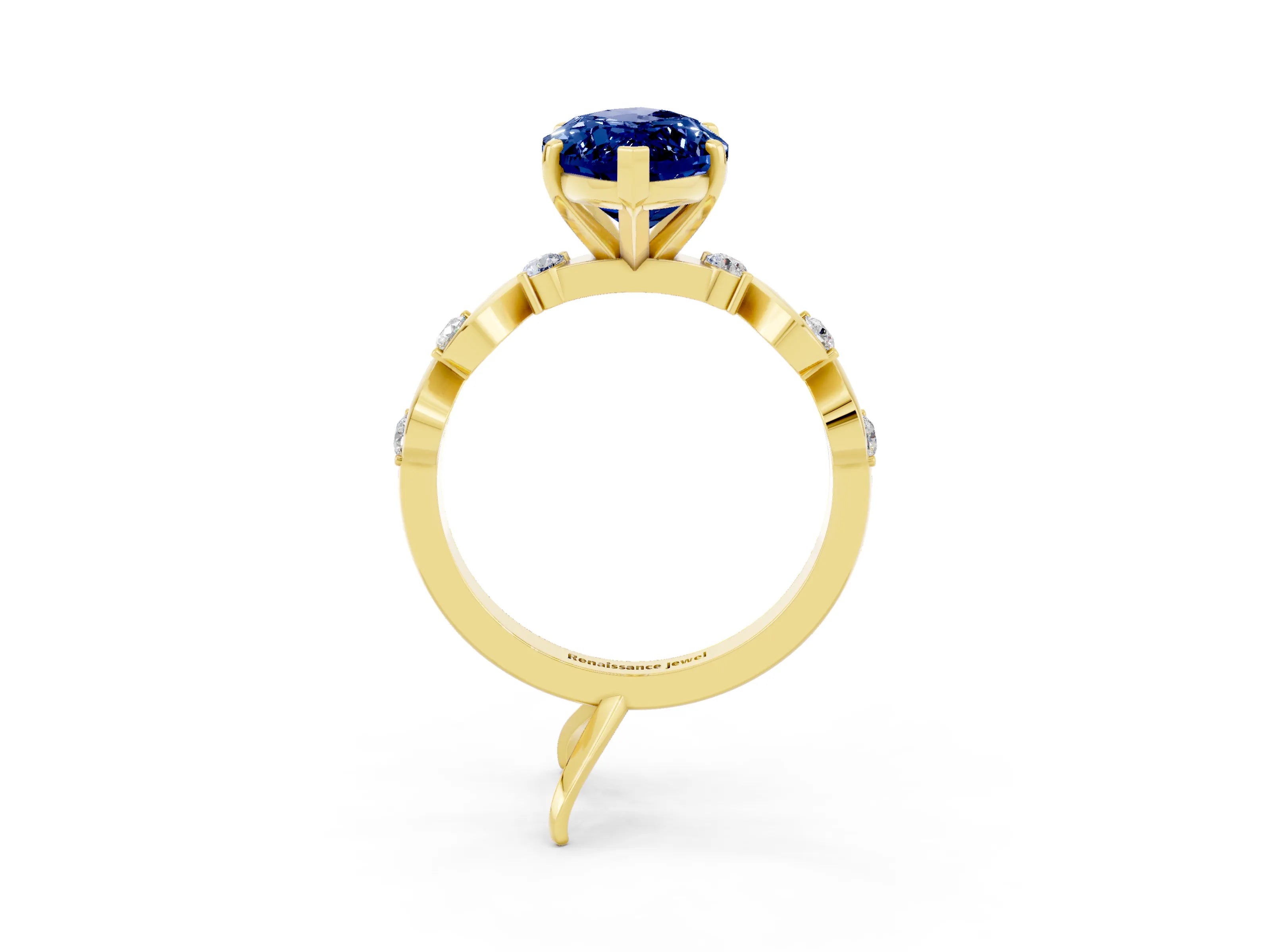 Yellow gold Marquise Cut Blue Sapphire Solitaire Twisted Band with Round  Accents and Prong Setting_15