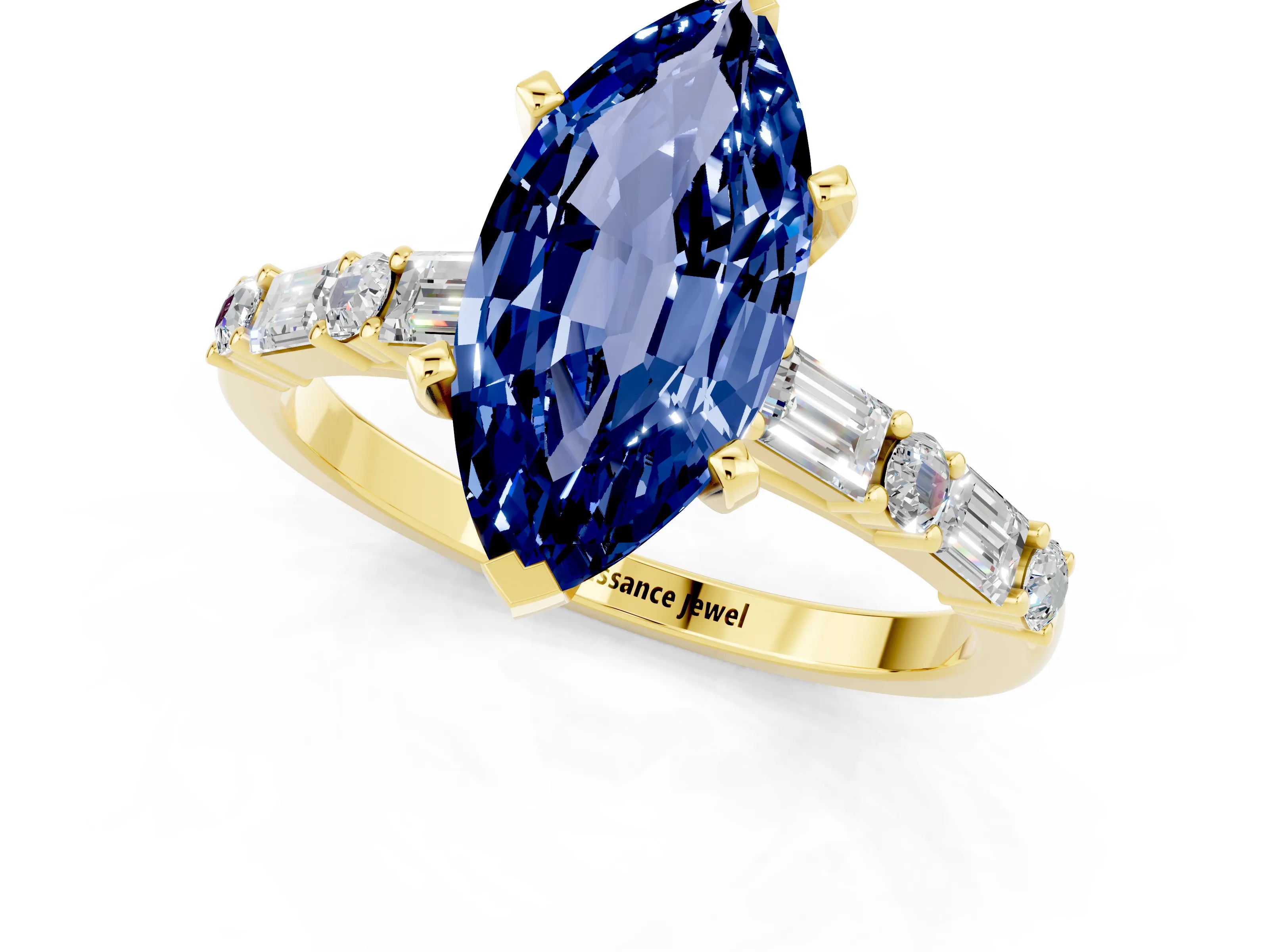 Yellow gold Marquise Cut Blue Sapphire Solitaire with Side Baguettes and Channel Set Band_1