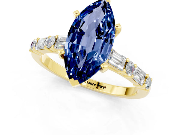 Yellow gold Marquise Cut Blue Sapphire Solitaire with Side Baguettes and Channel Set Band