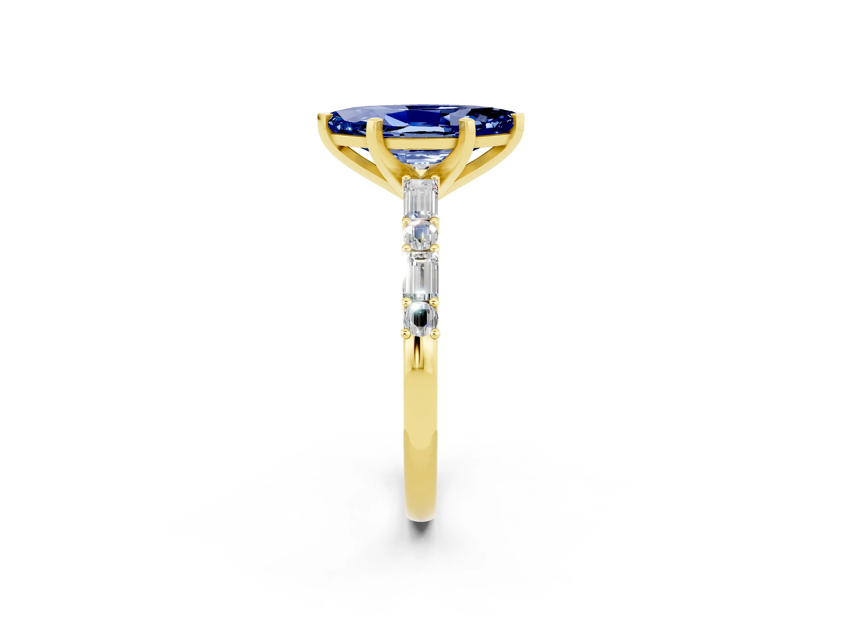 Yellow gold Marquise Cut Blue Sapphire Solitaire with Side Baguettes and Channel Set Band_2