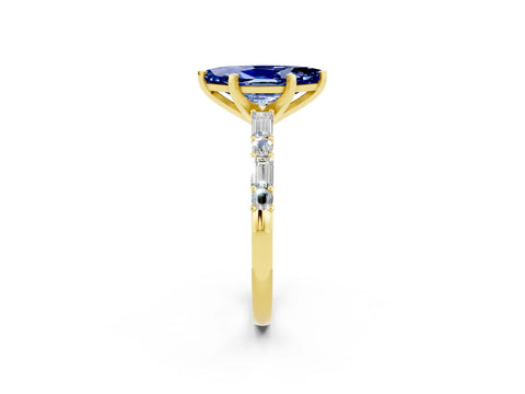 Yellow gold Marquise Cut Blue Sapphire Solitaire with Side Baguettes and Channel Set Band_2
