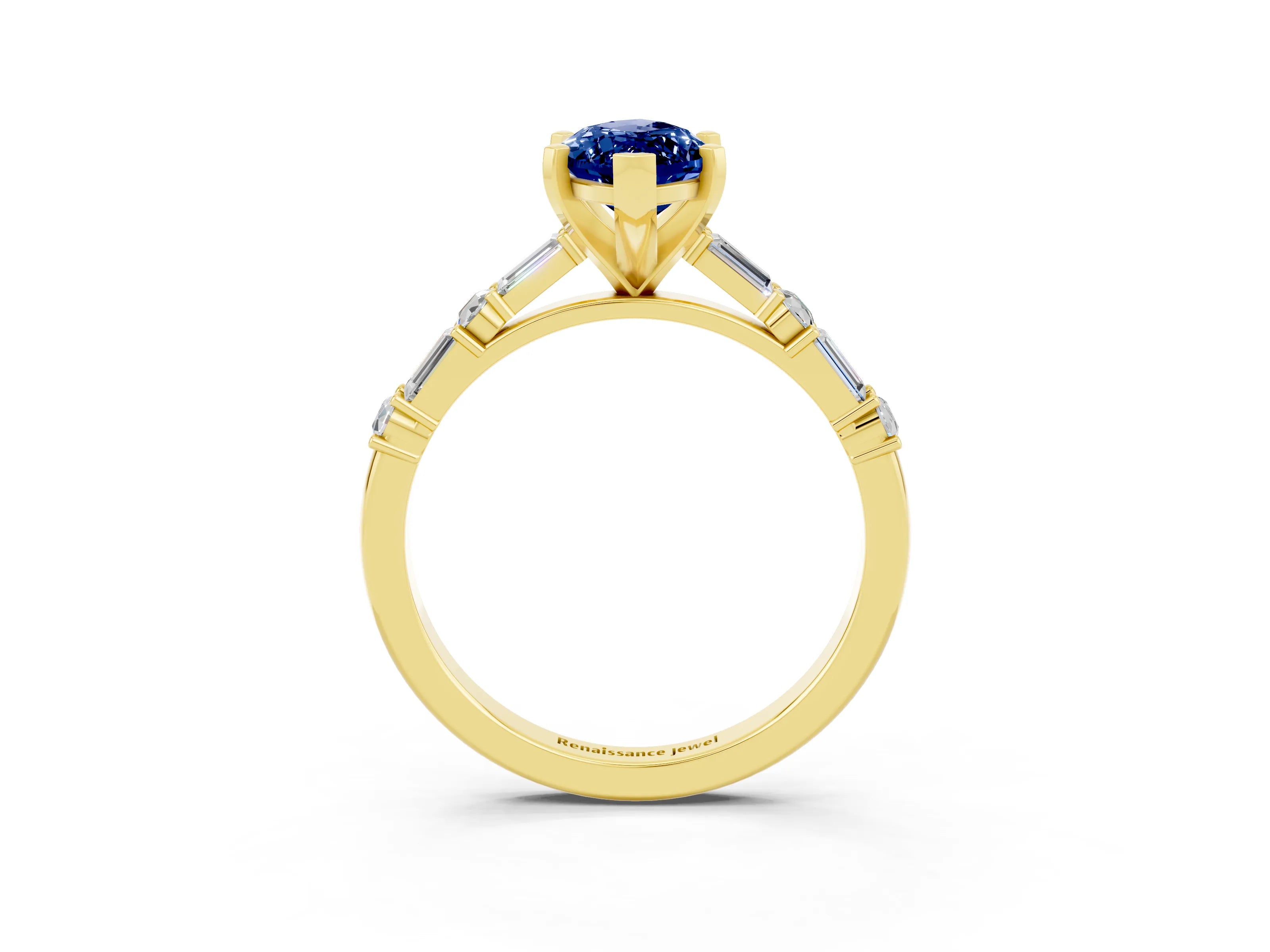 Yellow gold Marquise Cut Blue Sapphire Solitaire with Side Baguettes and Channel Set Band_3