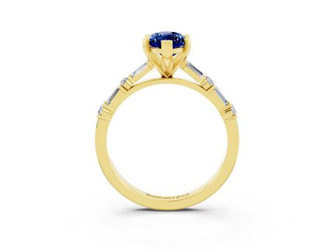 Yellow gold Marquise Cut Blue Sapphire Solitaire with Side Baguettes and Channel Set Band_3