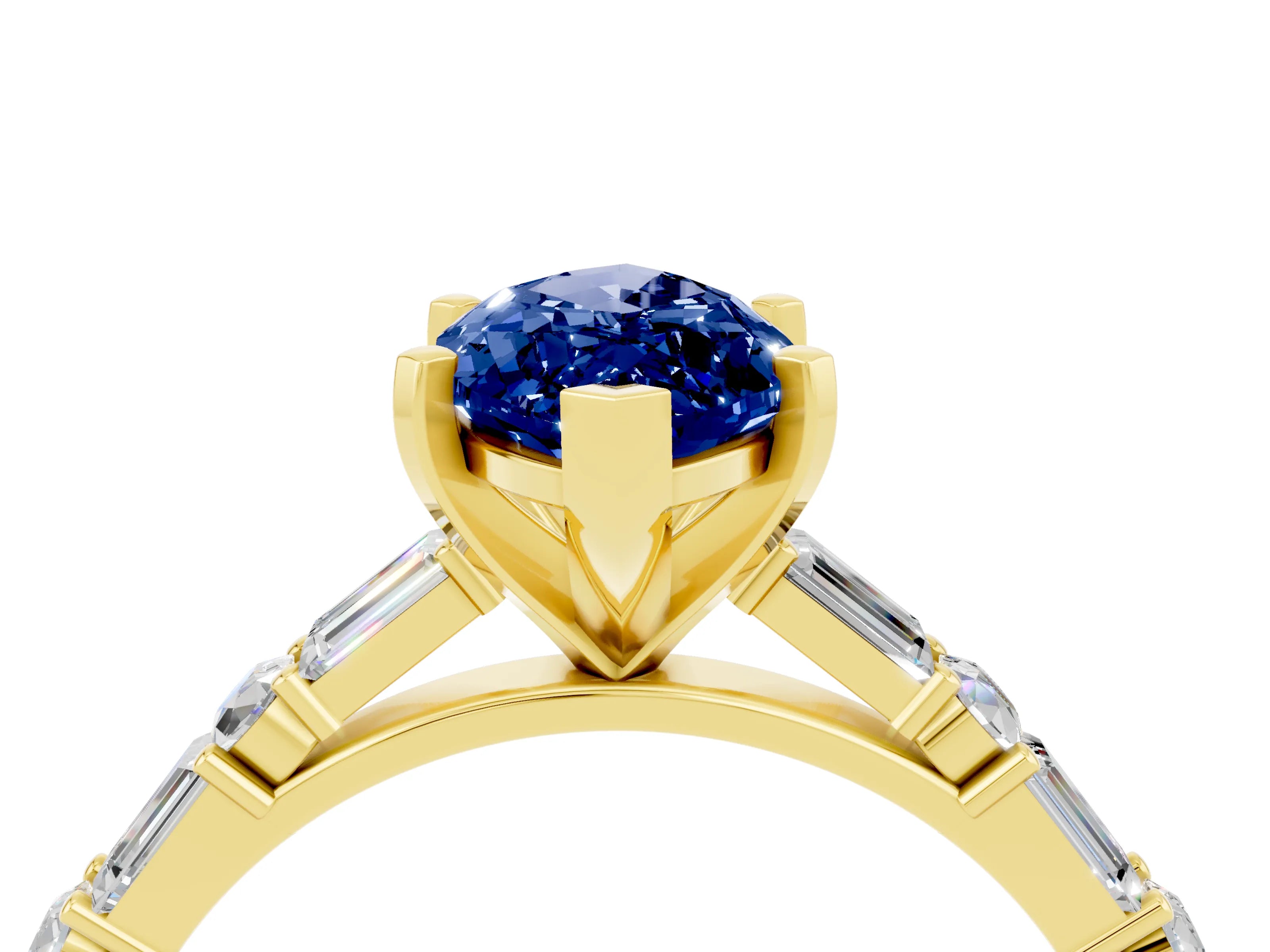 Yellow gold Marquise Cut Blue Sapphire Solitaire with Side Baguettes and Channel Set Band_4