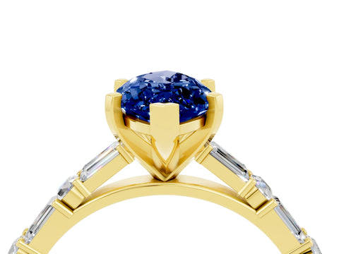 Yellow gold Marquise Cut Blue Sapphire Solitaire with Side Baguettes and Channel Set Band_4